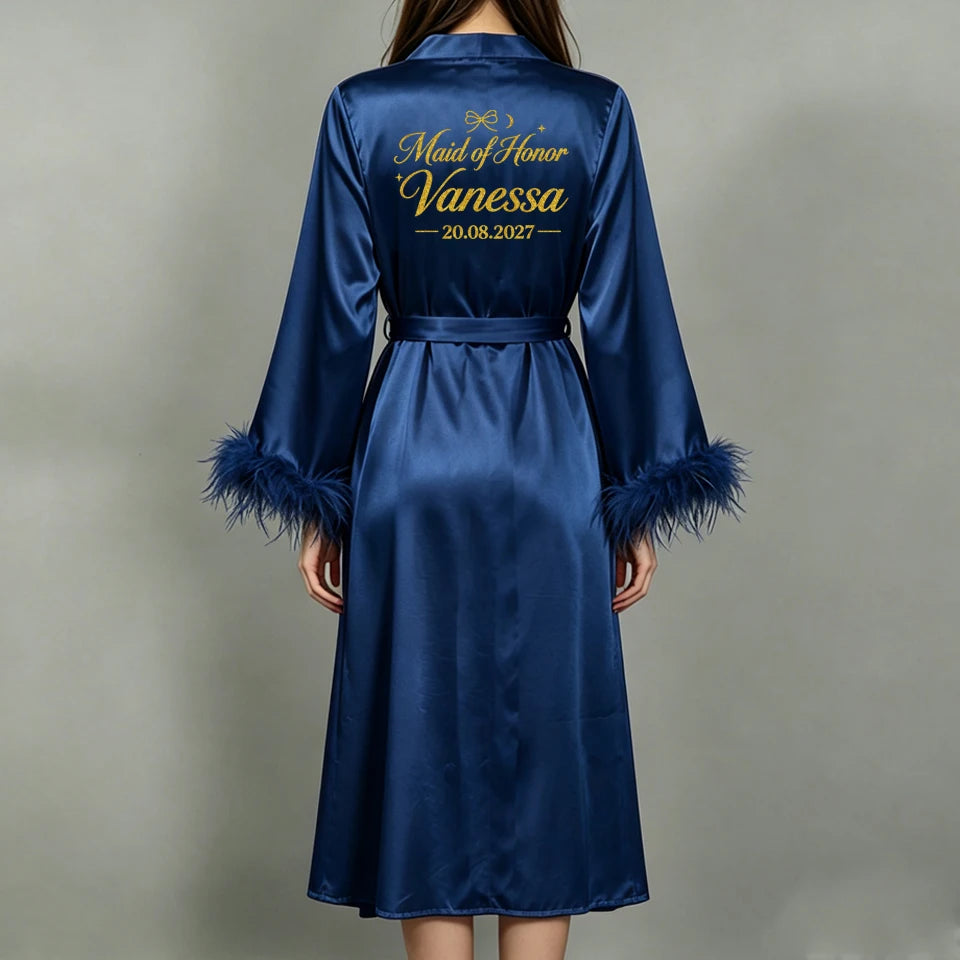 Custom Name Bride Robe Satin Feather Bridesmaid Robes Personalized Wedding Morning Gown Bachelorette Party Bathrobe