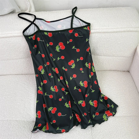 New Women's Silk Satin Print Nightwear Home Clothes Sexy Sleeveless Ruffled Hem Sleep Dress Female Comfortable Nightgown Clothes
