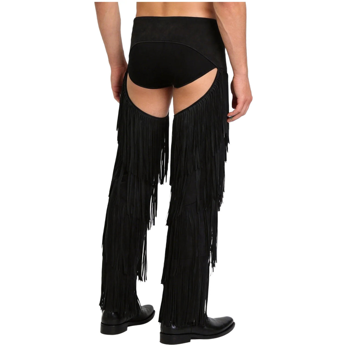 Mens Western Cowboy Chaps Fuax Suede Tassel Hollow Out Open Crotch Long Pants Adjustable Buckles Waist Motorcycle Biker Trousers