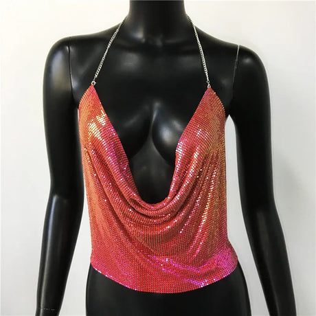 Sexy Metal Sequins Tank Top For Women 2025 Summer V Neck Backless Crop Tops Luxury Solid Short Party Nightclub Tank Tops