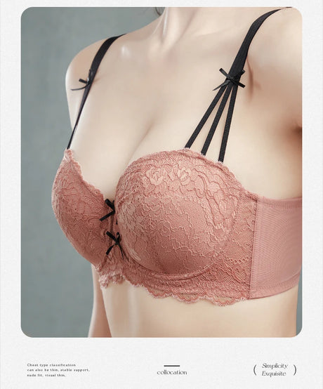 Half Cup Hot Bra Gathered Bowknot Brassiere Thin Large Size Push Up Lace Tube Top Lace Big Chest Revealing Small Lace Bra 9013A