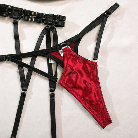 Sexy Lingerie Set for Women Hollow Out Open‑cup Underwire Bra Garter Belt Multi‑piece Bondage Lingerie Kit