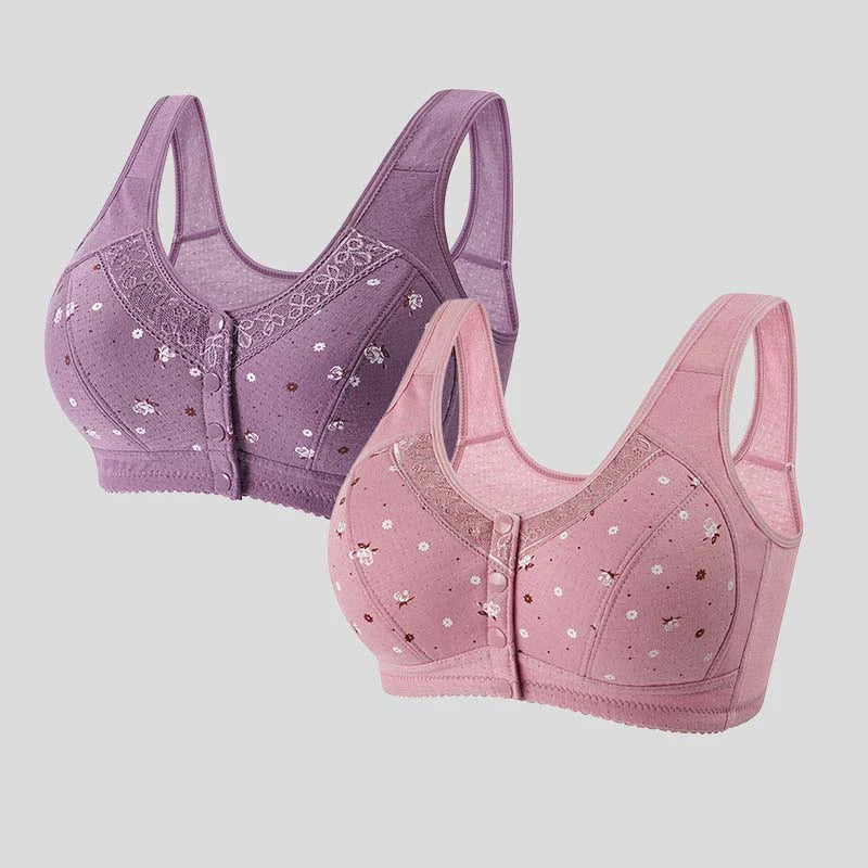FallSweet Front Closure Cotton Bra for Women Plus Size Seamless Wireless Sports Bras Thin Underwear for Middle-Aged & Elderly
