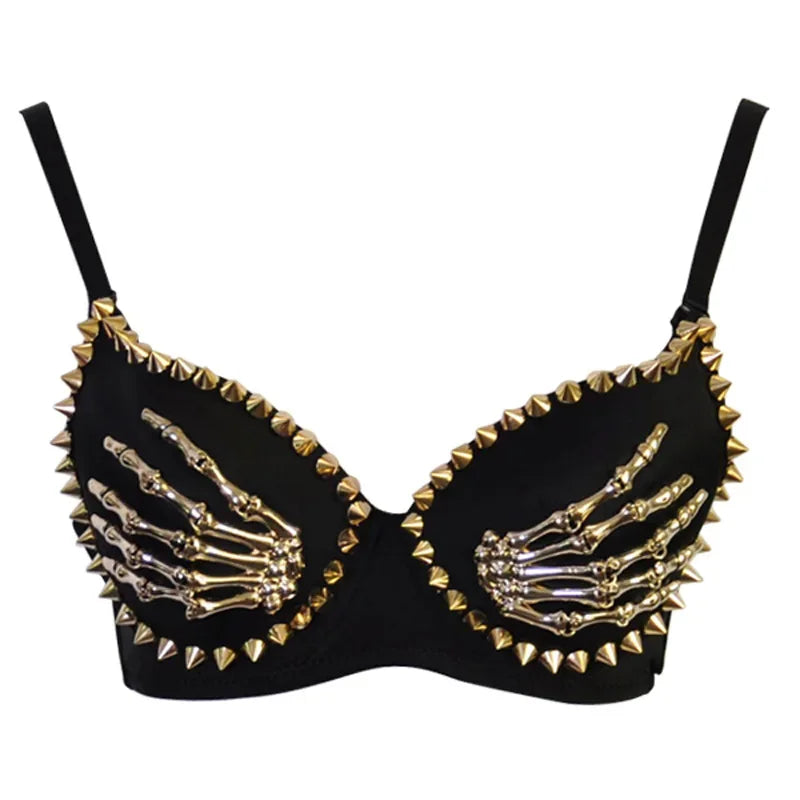 Gothic Punk Bra Gold Rivet Skeleton Hands Fashion Push Up Bras for Women Sexy Corset Top Party Club Dance Wear