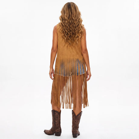 Women's Tassel Long Vest Fashionable Western Style Solid Color Open Front Cowgirl Sleeveless Jacket