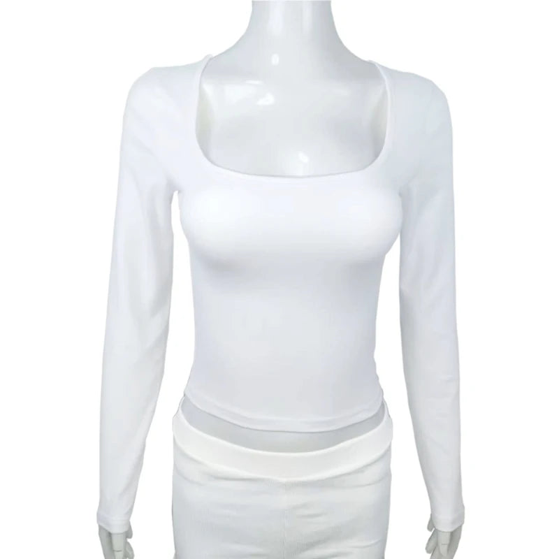 Long Sleeve T-shirt Slim Tops Sexy Woman Clothing Square-Cut Collar Close-fitting Tee Shirt Street Wear Fall 2025 New 2523