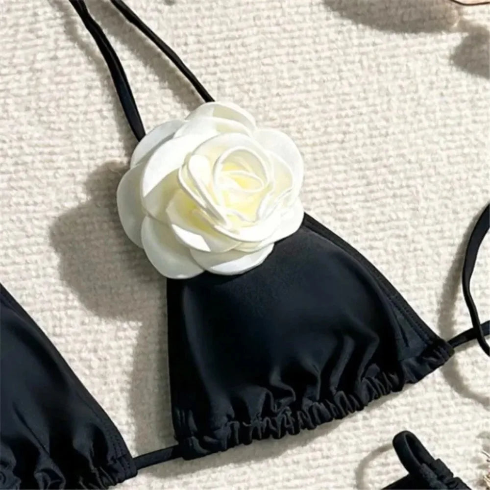 Sexy Flower Bandeau Swimwear Thong Bikini Women Lace-up Swimsuits Swimming Bathing Suit Brazilian Bikinis Set Mujer Biquini