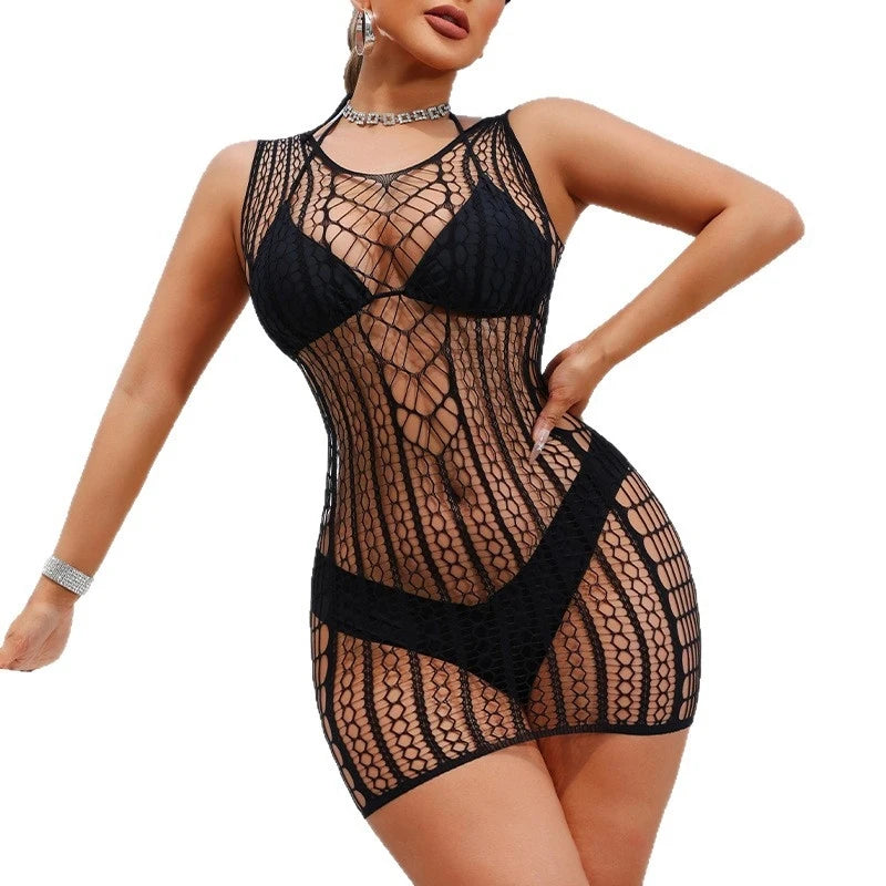 Sexy Erotic Lingerie Women Lace Tight Fit Patterned Sheer Mesh One Piece Bodysuit Dress