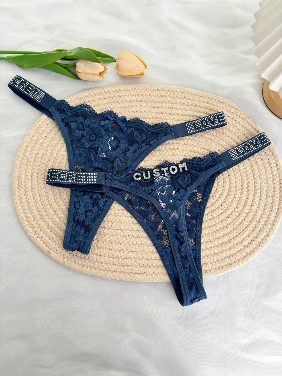 Custom Rhinestone Letter Name Thong Sexy Lace Panties Low-Rise Crystal Letter G-string Personalized Gift Wife Lover Anniversary