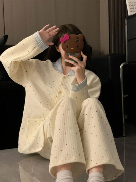 Thickened Air Cotton Sleepwear Set for Women Autumn Winter Polka Dot Home Clothes Korean Style Cute Girl Long Sleeve V-Neck