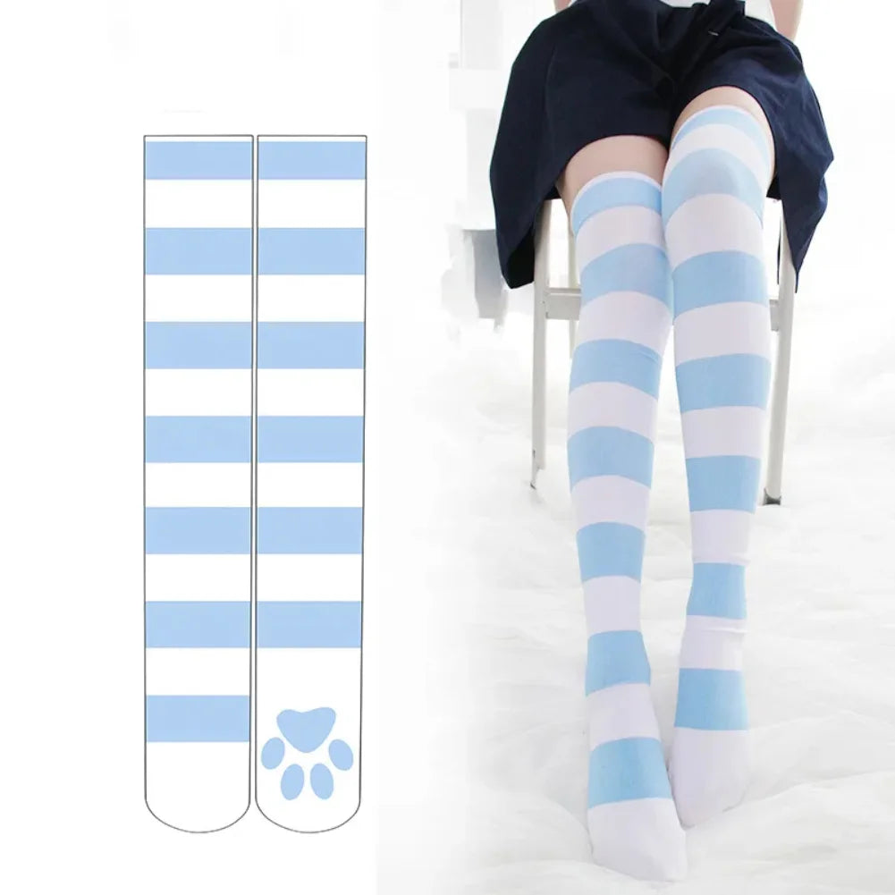 Pink Strip Kawaii Cat Paw Print Stockings Lolita Gothic Velvet Lolita Over Knee Socks Over The Knee Thigh High JK Long Stockings