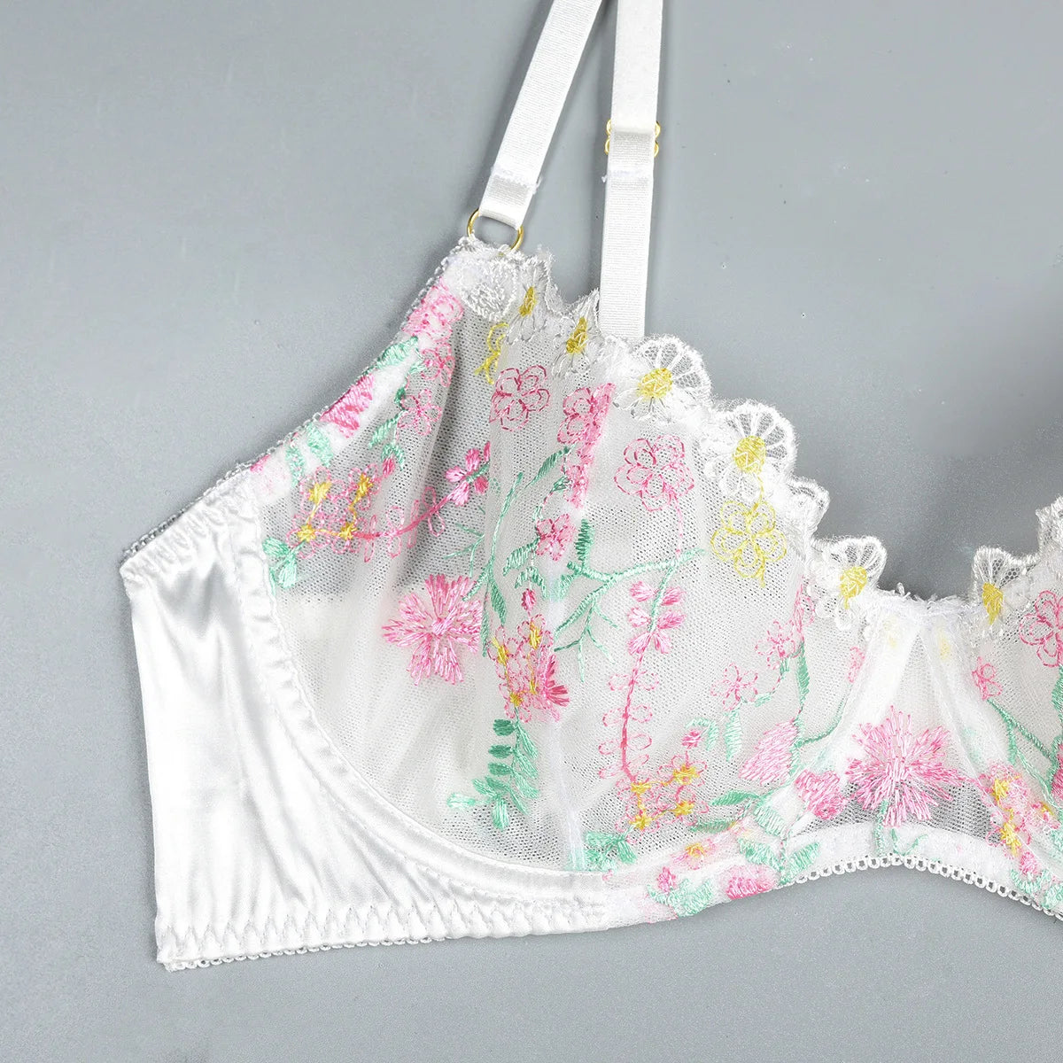 New White Floral Embroidery Fairy Lingerie Sets Transparent Mesh Patchwork Underwear Garter Intimate Panties Erotic Suits
