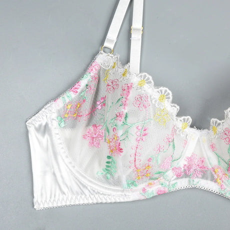 New White Floral Embroidery Fairy Lingerie Sets Transparent Mesh Patchwork Underwear Garter Intimate Panties Erotic Suits