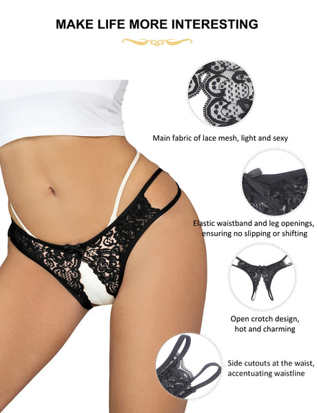 Comeondear Black Thongs Sexy Panties Open Crotch Lace Bow Underwear Women Lingerie Plus Size G-strings Culotte Femme Cute Briefs
