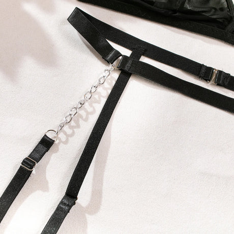 New Sexy Ultra-thin Mesh Bralette And Thongs See-through Metal Chain Decoration 4 Pcs Sexy Lingerie Set Female Underwear