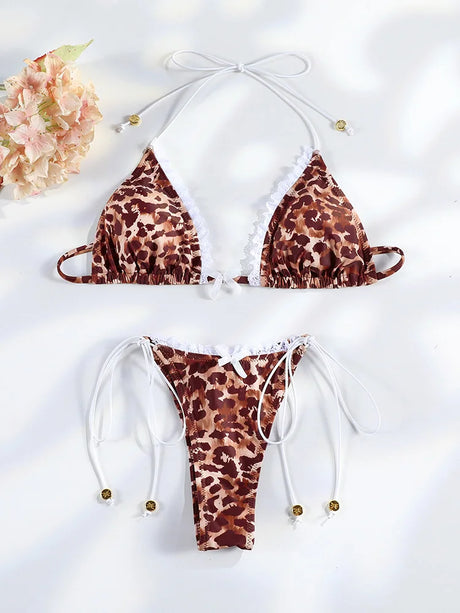 Sexy Triangle Mini Bikini Sets Micro Thongs Swimsuit Women Bathing Suit Biquini Bandage Beachwear Print Swimwear Thong Bikini