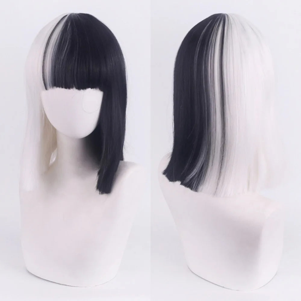 Cosplay Halloween Party Wigs CRUELLA Deville De Vil Black White With Bangs Short Bob Hair for Women Heat-Resistant Synthetic Wig