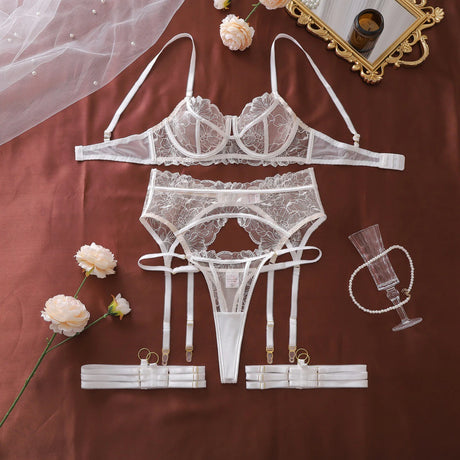 Ellolace French Women's Lingerie Fantasy Embroidered Bra Belt Thong with Leg Circles Elegant Floral Romantic Cute Miss Underwear