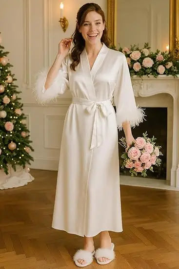 Feather Robe Long Cardinal Red Bridal Lingerie Softest Bridal Robe with Feather Boudoir Silk Kimono Bridesmaid Dressing Gown New