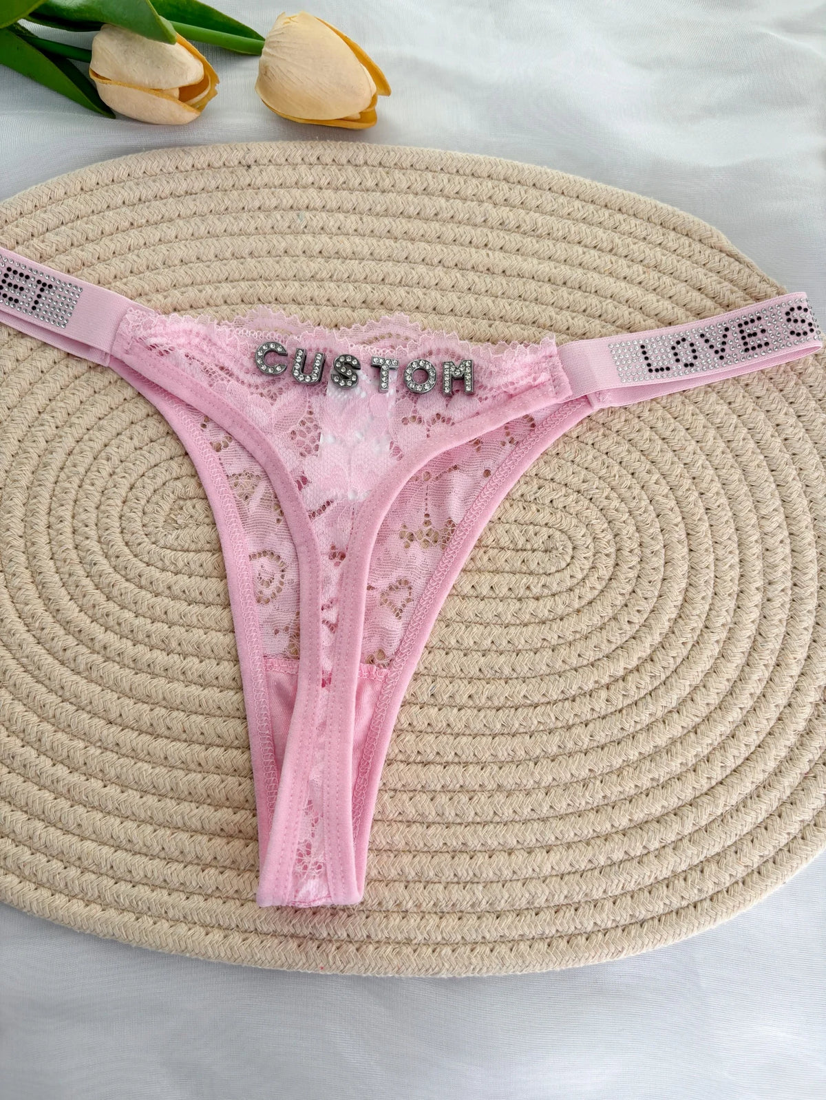 Custom Rhinestone Letter Name Thong Sexy Lace Panties Low-Rise Crystal Letter G-string Personalized Gift Wife Lover Anniversary