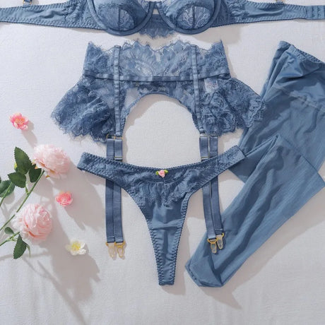Women's Blue Lace Lingerie Set 4 Piece Bra Panty Garter Belt Stockings Underwire Adjustable Straps Sexy Romantic Nightwear 2026