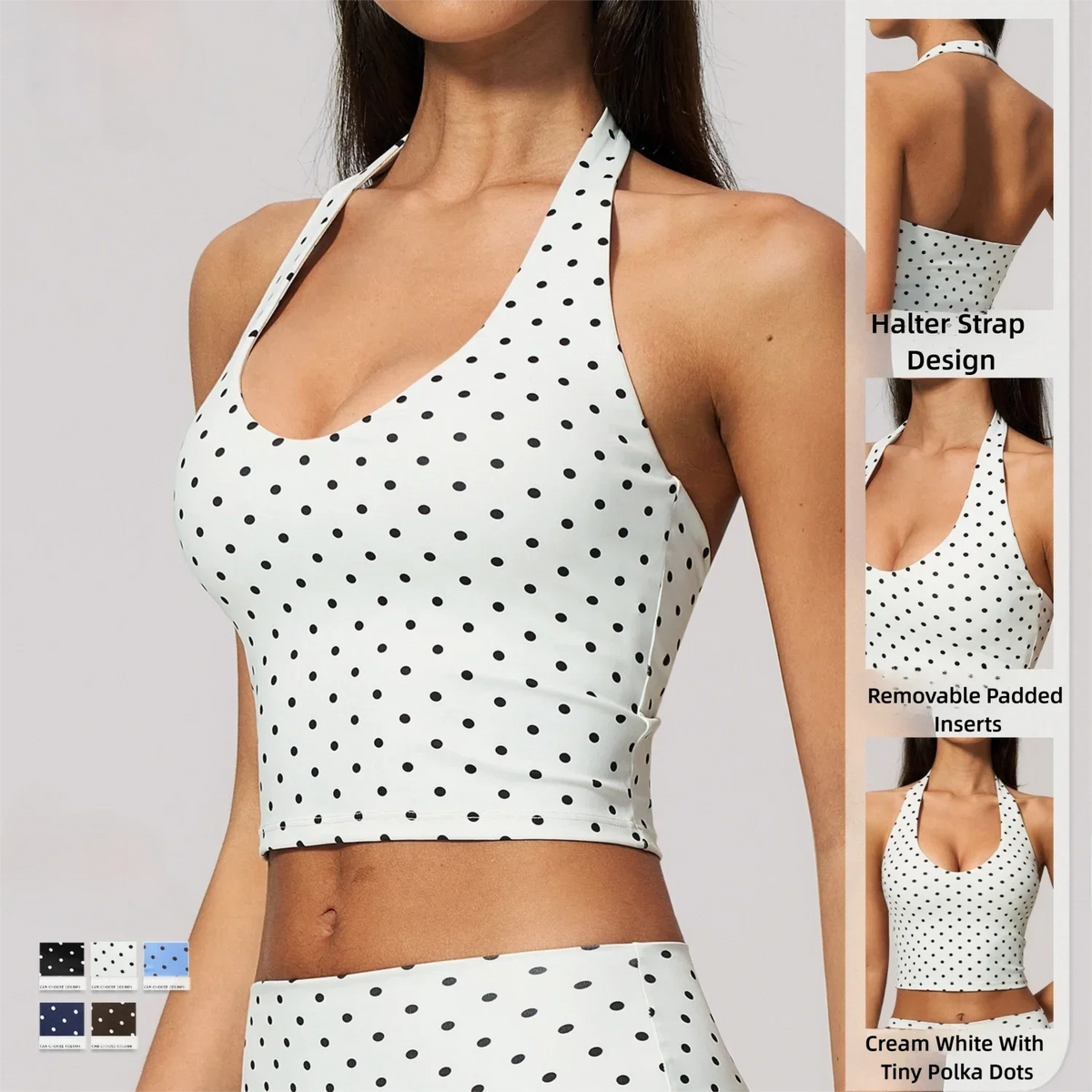 2026 New Polka Dot Halter Neck Sports Bra Deep V Backless Yoga Top Women's Gym Workout Tank Pilates Training Activewear Vest
