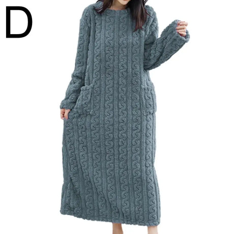 Winter Long Sleeve Double Pocket Flannel Nightgowns Women Loose Solid Sleepwear Jacquard Night Dress Thickened Warm Nightdress