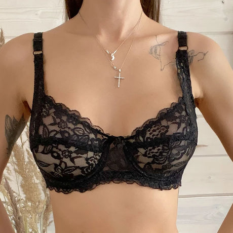 Plus Size Lace Ultra-thin Push Up Bra Women Sexy Hollow Out Lingerie Lady Lace Transparent Underwear Female Embroidery Solid Bra