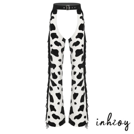 Womens Cow Spot Pattern Flannel Long Pants Adjustable Waist Open Crotch Biking Riding Cowgirl Chaps Halloween Cospaly Costume