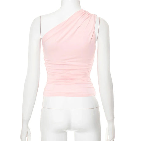 Solid Color One Shoulder Backless Shrink Tank Top T-Shirt Candy Color Tight Sexy Sleeveless Neckless Slim Casaul Top