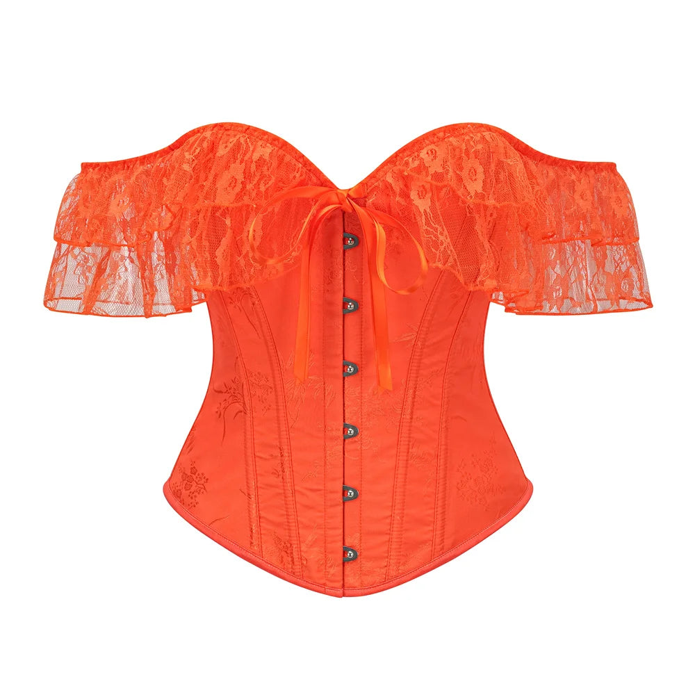 Women Sky Blue Retro Jacquard Corset Tops Lace Short Sleeved One Shoulder Sexy Slimming Shaper Overbust Bustiers Lingerie