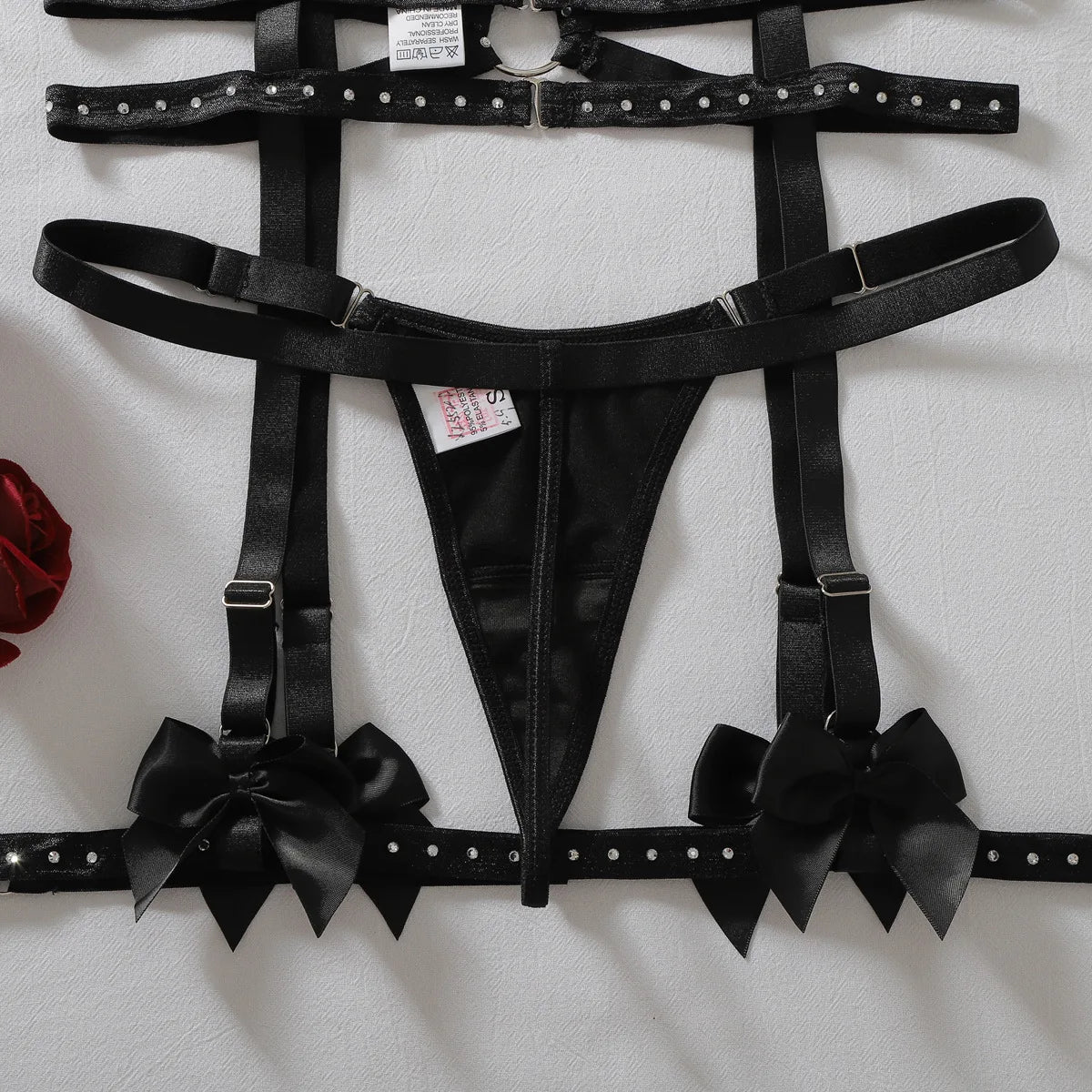 Women's Faux Leather Harness Underwear Lingerie Set Bow Decor Rhinestone Trim Halter Bra Garter Belt Panty 3‑Pcs Intimate Outfit