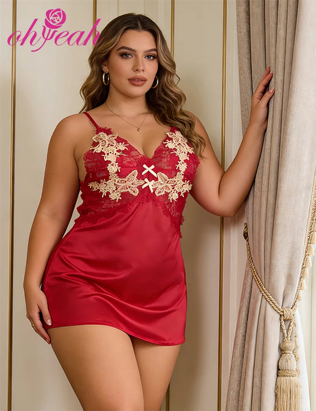Red Satin Lace Chemise for Women Embroidery Backless Sleepwear Push Up Adjustable Straps with Panties Plus Size
