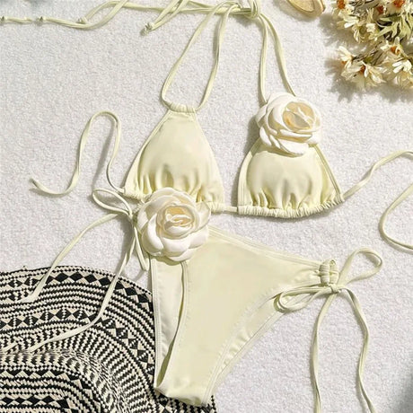 Sexy Flower Bandeau Swimwear Thong Bikini Women Lace-up Swimsuits Swimming Bathing Suit Brazilian Bikinis Set Mujer Biquini