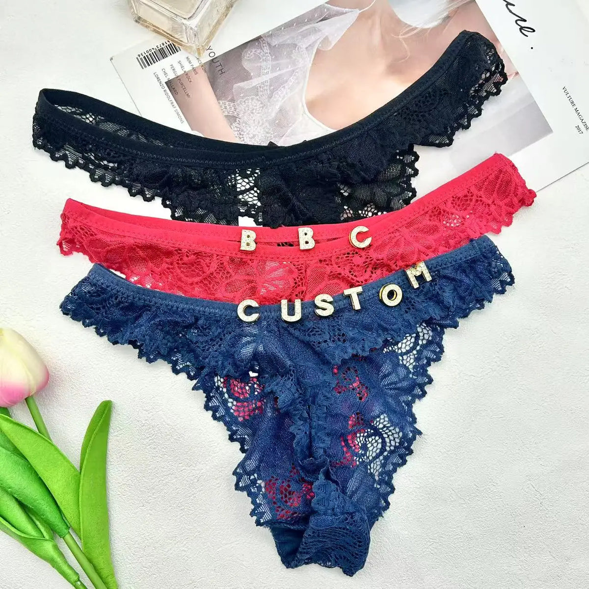 Sexy Custom Thong Name Lace String Customized Women Name Thong Crystal Letters Underwear Personalized Gift for couple
