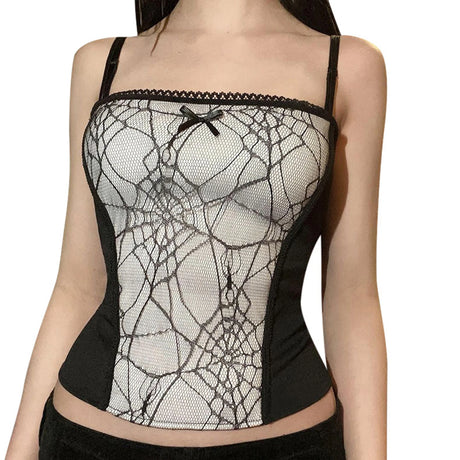 Combhasaki Summer Women's Sexy Gothic Halloween Backless Camisole Spider Web Lace Edge Back Zipper Sleeveless Slim Fit Tops