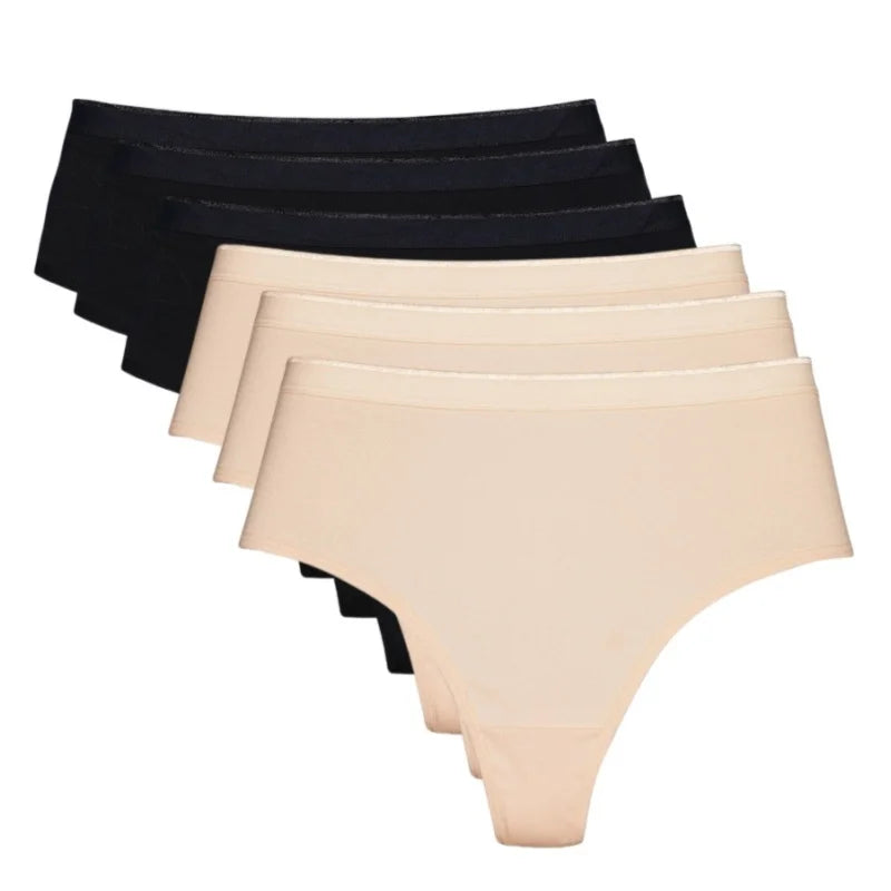 6 Pack Women's High Waisted Thong Cotton Underwear Ribbed Soft Breathable Panties Soft Stretch Intimates Sexy Lingerie S-XL