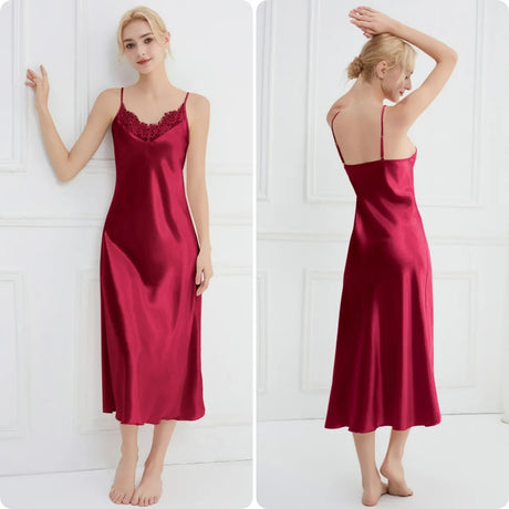 Sexy Women Long Nightgown Intimate Lingerie Patchwork Lace Suspender Nightdress Chemise Sleepwear Loungewear Silk Satin Homewear