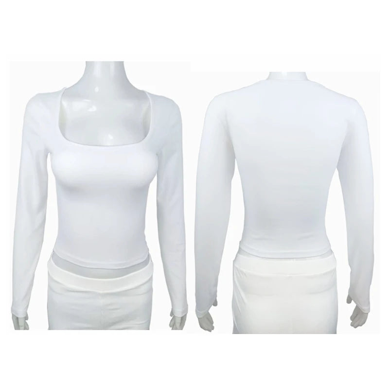 Long Sleeve T-shirt Slim Tops Sexy Woman Clothing Square-Cut Collar Close-fitting Tee Shirt Street Wear Fall 2025 New 2523