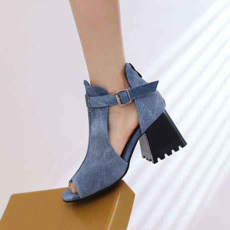 Summer Women's Fashion Peep Toe Thick Heel Sandals High-heeled Shoes for Woman Denim Leopard Print Sandalias de Mujer WSH5343
