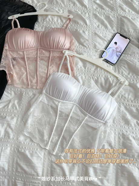 Women Elegant French Longline Lingerie, Lace Satin Wireless Bra, Push Up Sexy Open Back, Luxury Bridal Underwear Fit Small Bust