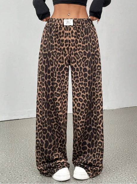 Women Leopard Print Wide Leg Pants Elastic High Waist Loose Casual Trousers Streetwear Y2K Fashion Long Palazzo Pants