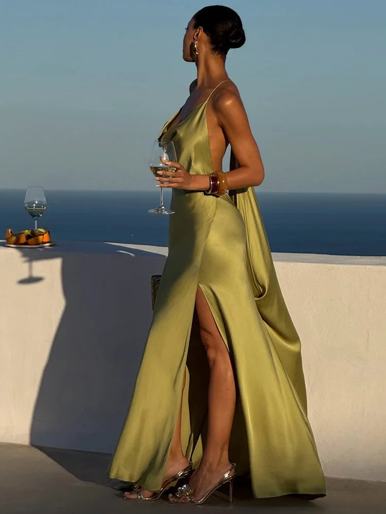 Elegant Solid Women's Dress Side Split Backless V-Neck Hip Package Lady Long Dresses 2026 Summer Autumn Female Party Robe New