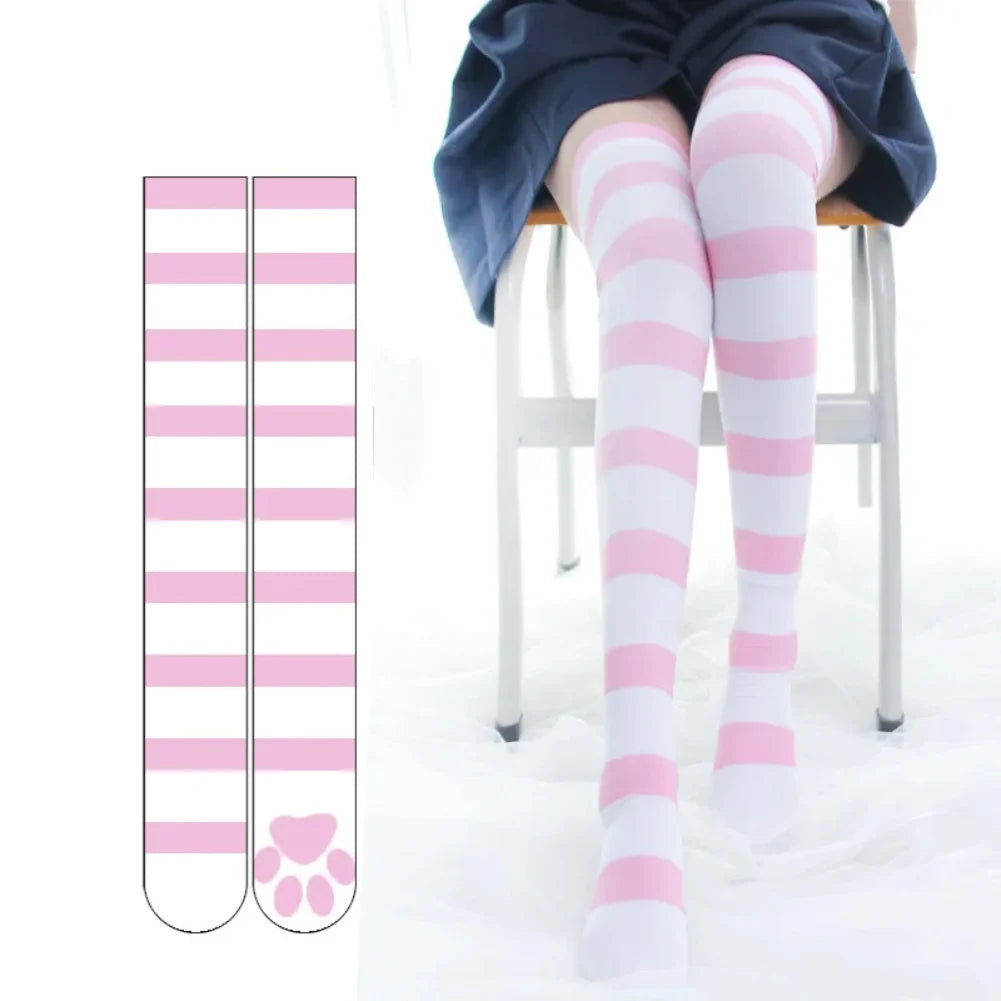 Pink Strip Kawaii Cat Paw Print Stockings Lolita Gothic Velvet Lolita Over Knee Socks Over The Knee Thigh High JK Long Stockings