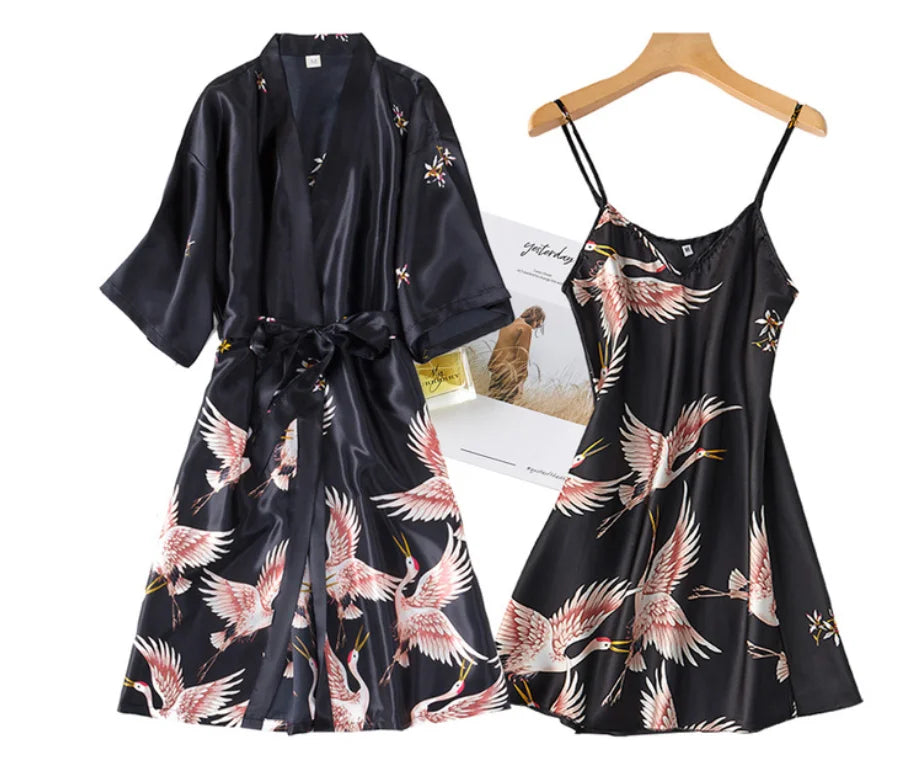 Sexy Nightwear Gown Set Women 2PC Pyjama V-Neck Pajamas Silky Sleepwear Spring Lady Sleep Suit Robe Wear Home Negligee Homewear