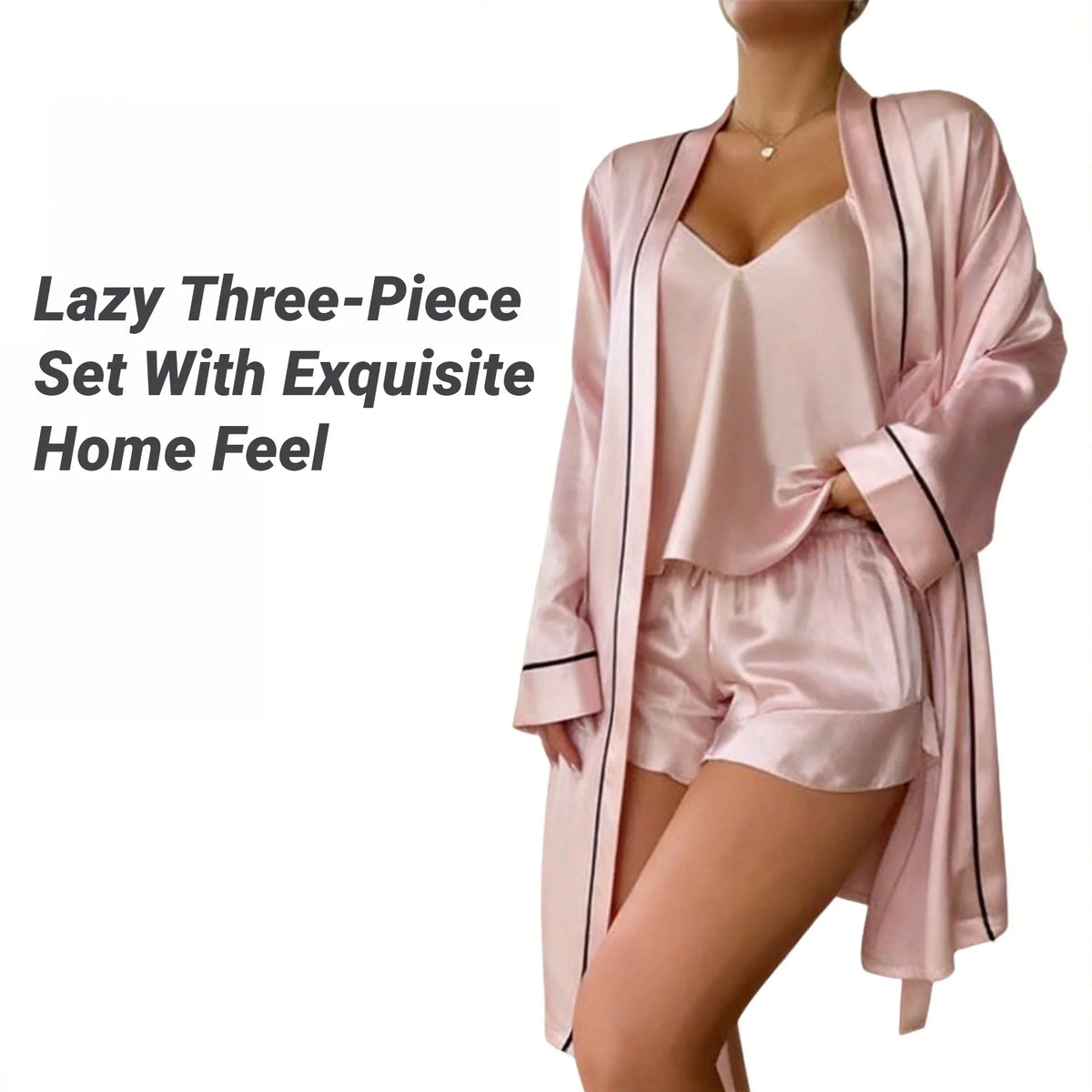 Simple Satin Pajama Set Long Sleeve Belted Robe V Neck Cami Top And Shorts Women's Sleepwear