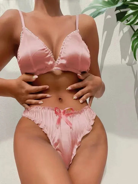 Sexy heart printed lingerie sets for women satin silk bra panties pajamas set soft sleepwear erotic babydolls costumes plus size