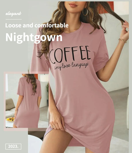 Casual Slogan Print Nightdress For Women Short Sleeve Sleepwear Dresses Loose Fit Tee Nightwear Home Clothes Nightie Loungewear