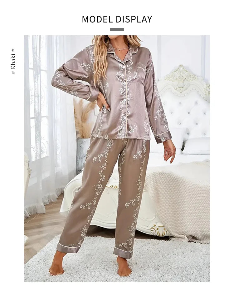 Women Satin Pajama Casual Sleepwear Home Clothes Suit Autumn Long Sleeve Button Up Top & Pants Nightwear Loungewear Pyjama Femme