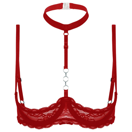Womens 1/4 Cups Underwire Bra Halter Neck O Ring See Tthrough Lace Push Up Brassiere Sexy Lingerie Breast Open Bras Underwear